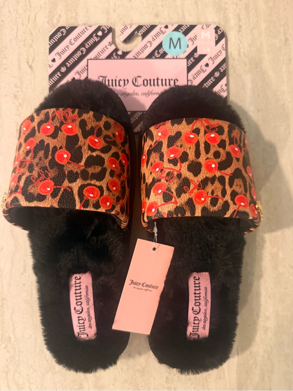 Juicy Couture Black Faux Fur Slides with Leopard & Cherry Accents🍒🐆